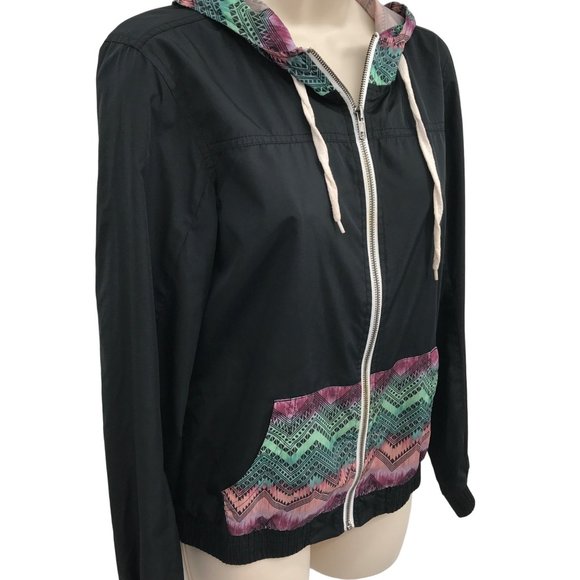 EMPYRE Womens Black Aztec Print Windbreaker Zip Up Hooded Jacket Size M - Picture 2 of 6